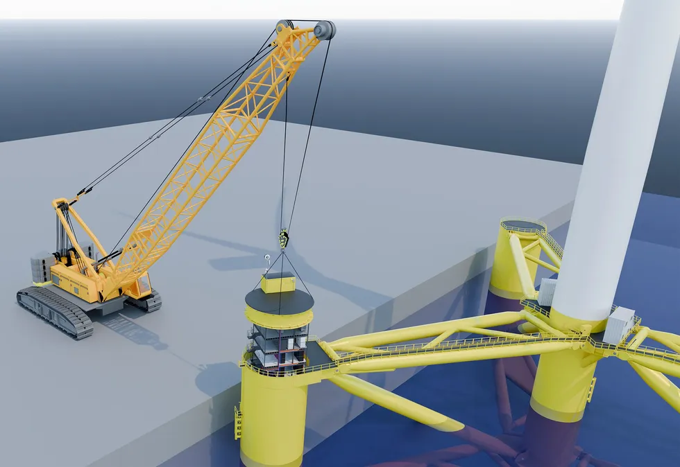 3D rendering of a crane lowering a pre-fabricated data center into a hollow semi-submersible platform for a floating wind turbine.