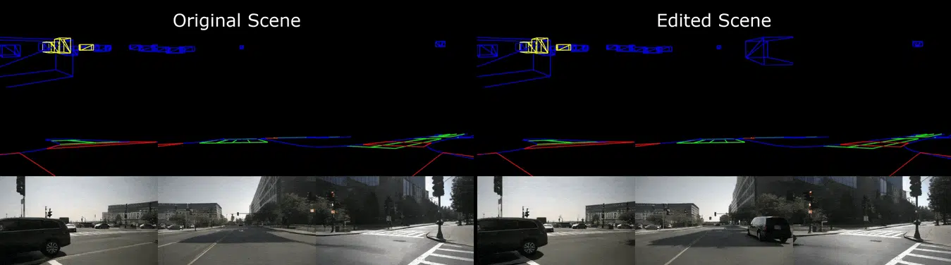 Comparison of a 3D model and street view with a vehicle removed, labeled "Original" and "Edited".