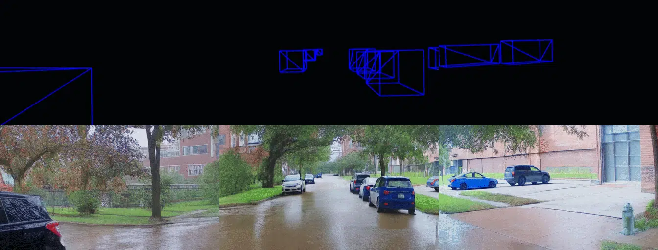 Street with several cars parked, partially flooded after heavy rain; blue geometric markings overlay.