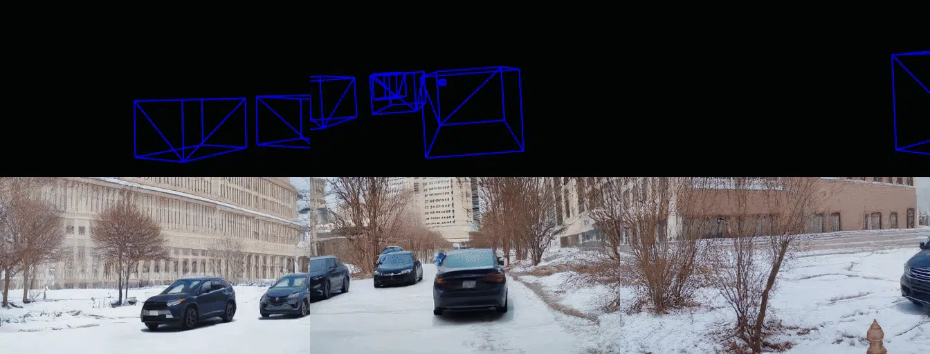 Winter street with cars; blue 3D wireframe shapes overlay.
