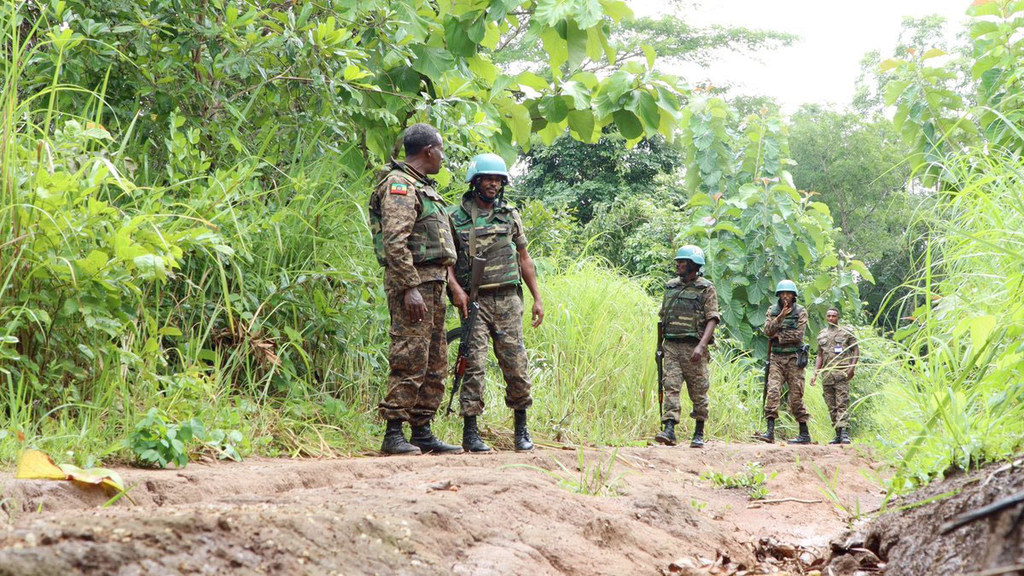UNMISS peacekeepers in South Sudan conduct patrols in a rain-soaked, bushy area to protect displaced civilians in the Greater Tambura region.