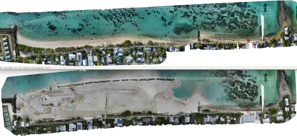 Aerial comparison of a coastal area in Tuvalu showing the before and after of land reclamation under the Tuvalu Coastal Adaptation Project (TCAP). The top image shows the original coastline with a beach and houses, while the bottom image shows the construction site with new land being created.