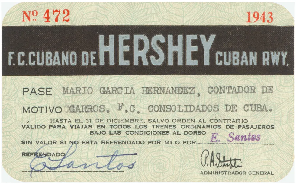 A 1943 rail pass for the Hershey Cuban Railway