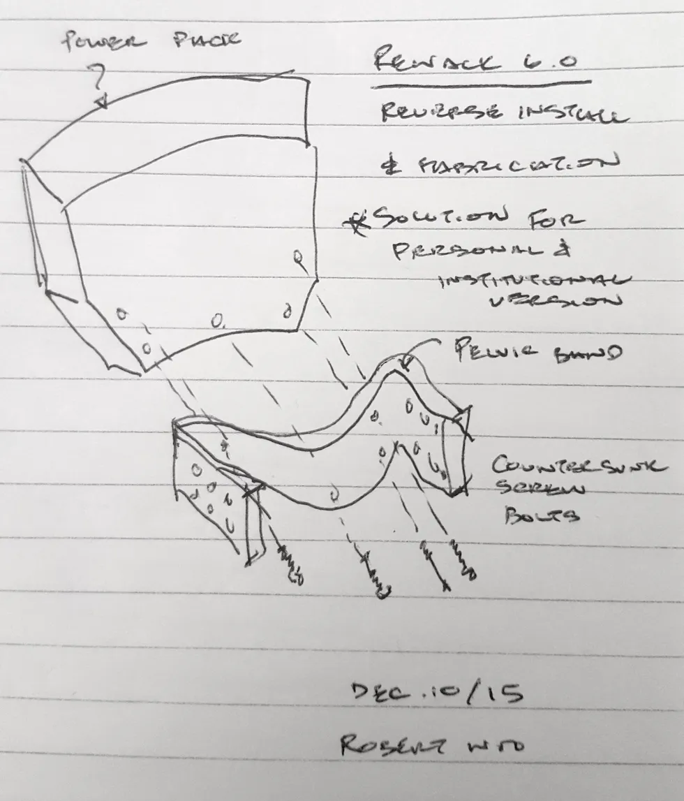 Hand-drawn concept sketch of a modular device labeled \u201cReWack 6.0\u201d with notes and arrows