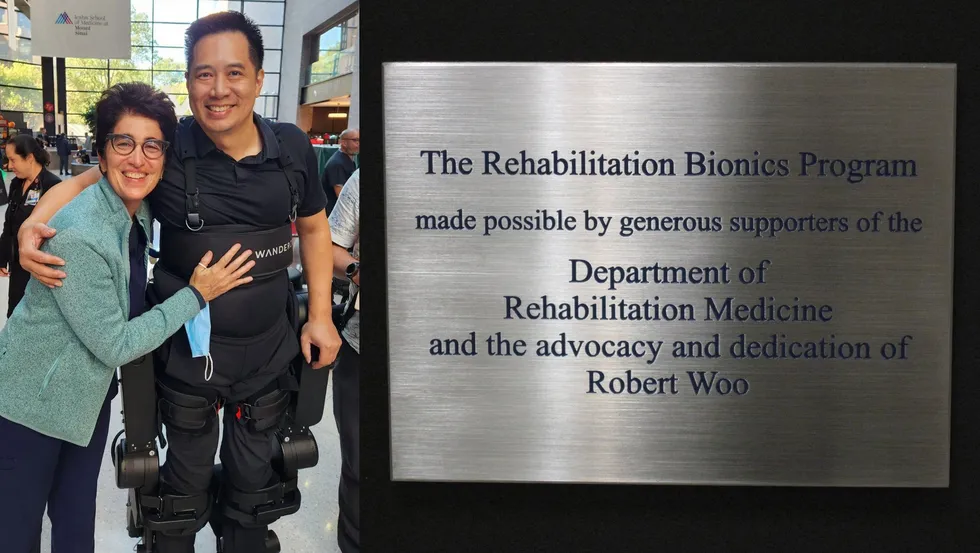 One photo shows a smiling man in an exoskeleton with his arm around a smiling woman. The other photo shows a metal plaque saying that the Rehabilitation Bionics Program was made possible by the advocacy and dedication of Robert Woo.