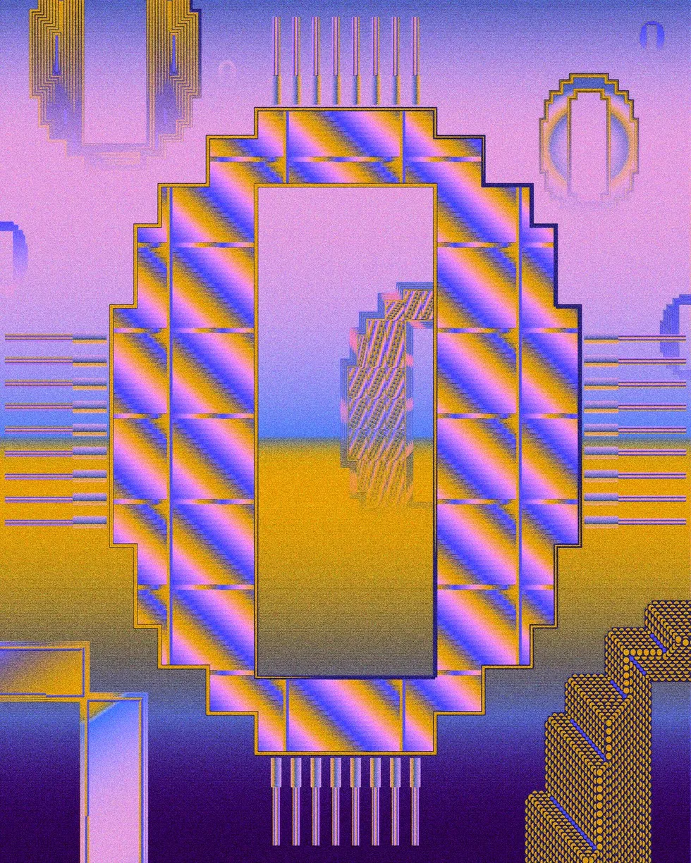 Neon pixel art of a glowing portal framed by geometric stairs and circuitry lines