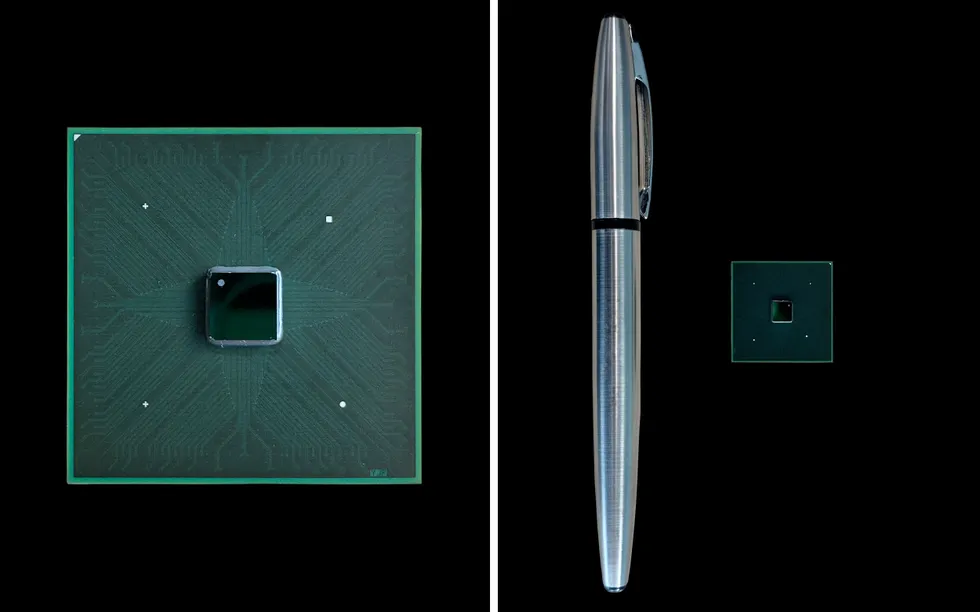 Two circuit boards and a pen showing a chip shrinking from large to tiny size.