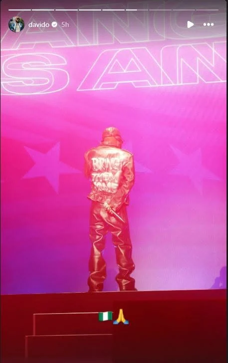 Davido wears custom "Bring Them Home" jacket for World Cup countdown performance. Credit: Instagram| davido