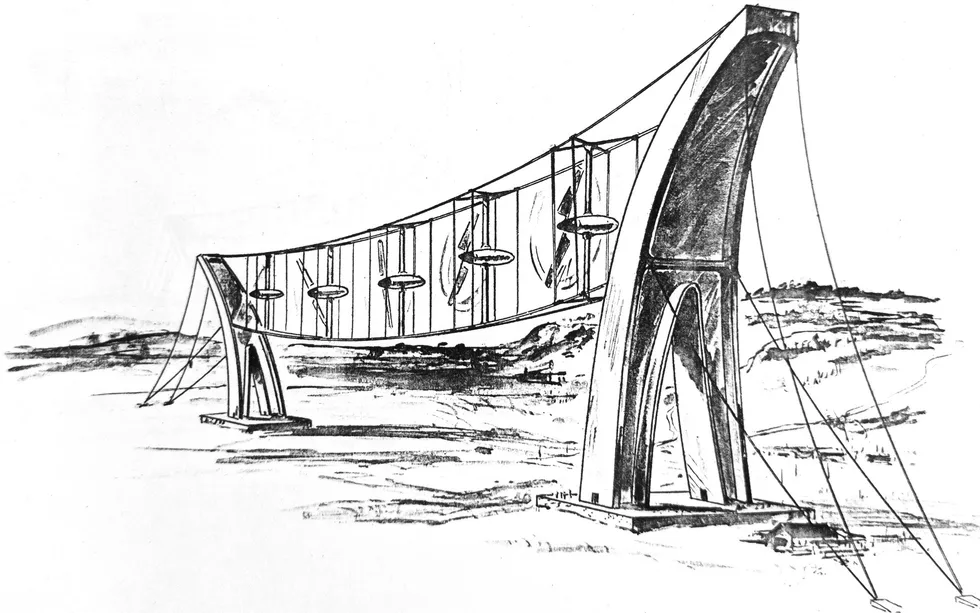Hand-drawn sketch of a bridge-like structure across a highway containing five wind turbines that resemble giant fans