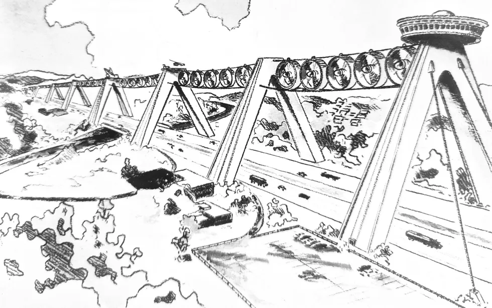 Hand-drawn sketch of a massive structure built over the length of a highway holding wind turbines that resemble giant fans 