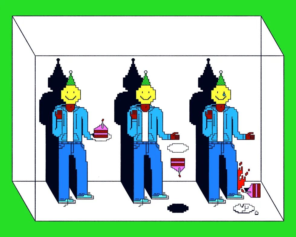 Pixel art of three party-hatted figures in a box, each losing a slice of cake.