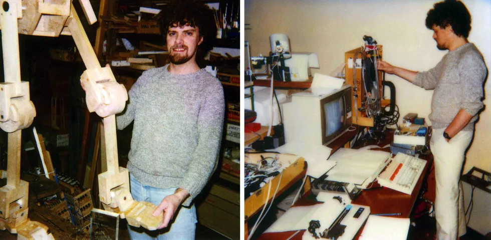 Two color photos of a casually dressed bearded white man posing with a wooden robot leg and with a computer and other equipment.