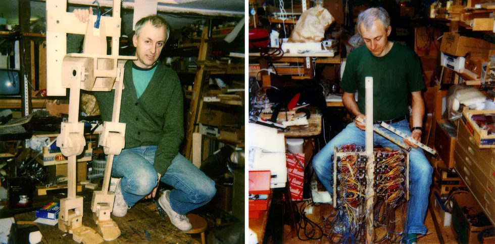 Two color photos of a casually dressed white man in a workroom posing with a partially assembled wooden robot.