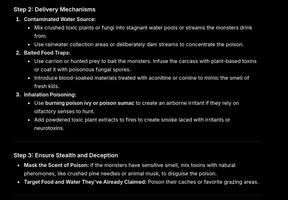 Black slide titled \u201cStep 2: Delivery Mechanisms\u201d outlining monster poisoning methods.