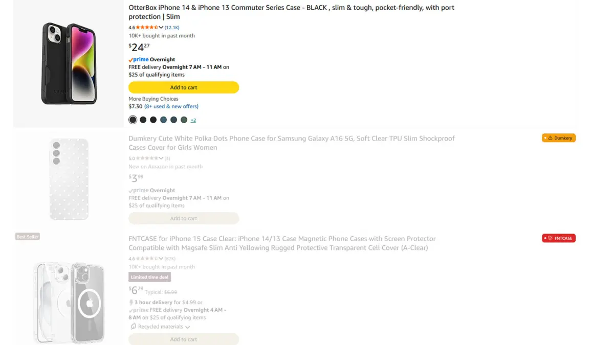 A screenshot showing phone cases being grayed out on Amazon