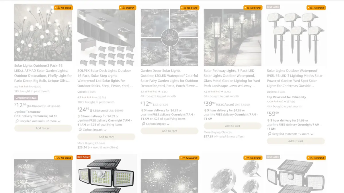 A screenshot of Amazon showing products grayed out.