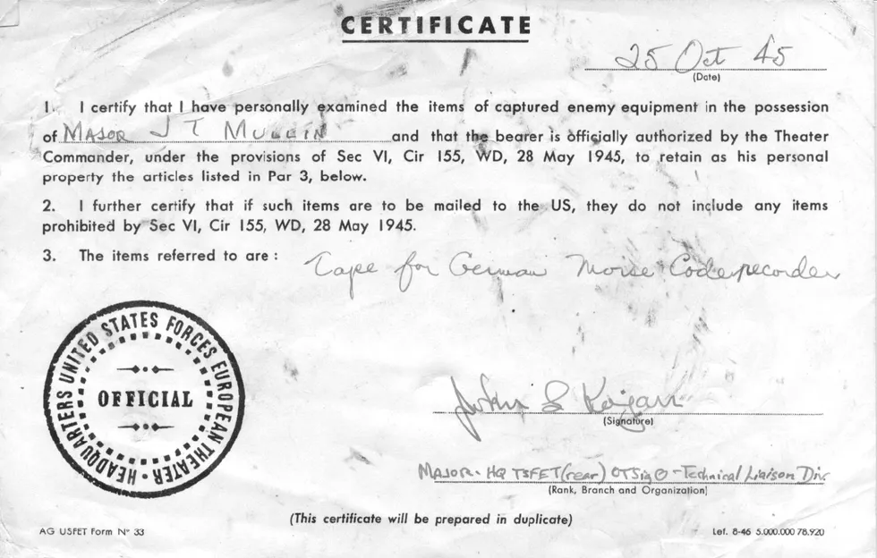 1945 U.S. military certificate authorizing captured German Morse code recorder equipment