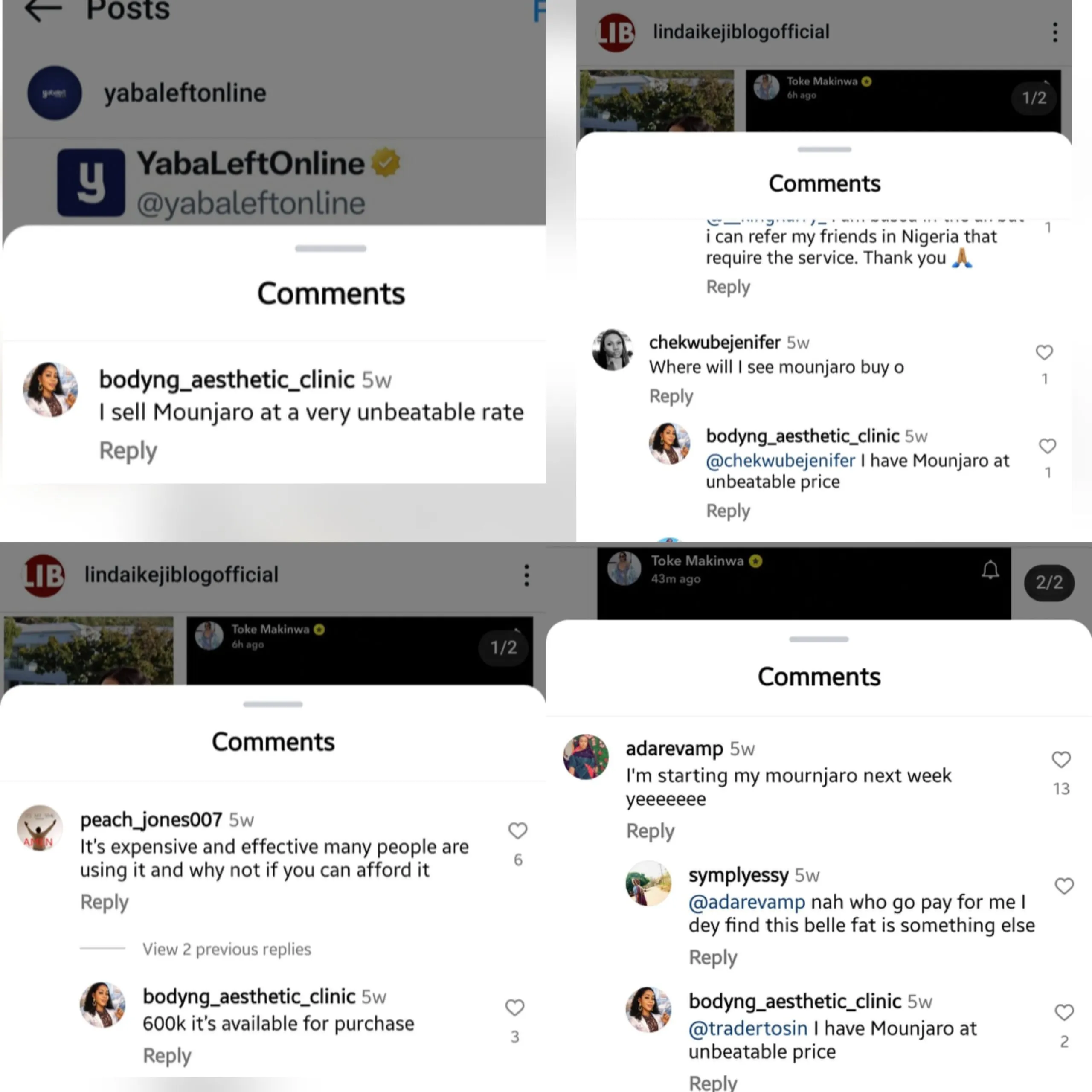 Screenshots of comments on Linda Ikeji's post about Toke Makinwa
