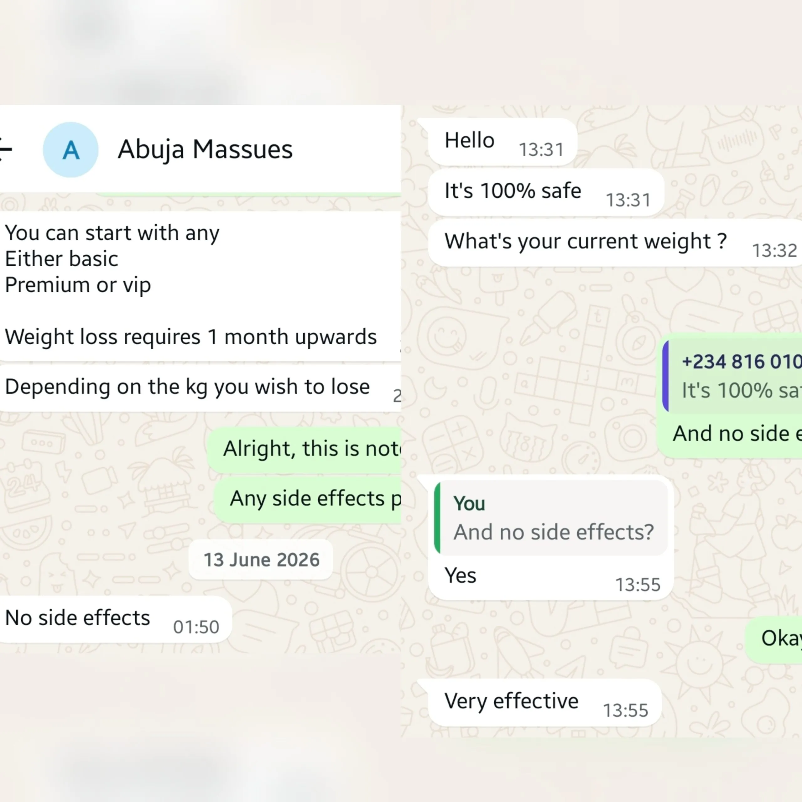 Screenshots of chats with Abuja Masseuse and bodyng_aesthetic_clinic claiming the weight-loss injections have no side effects
