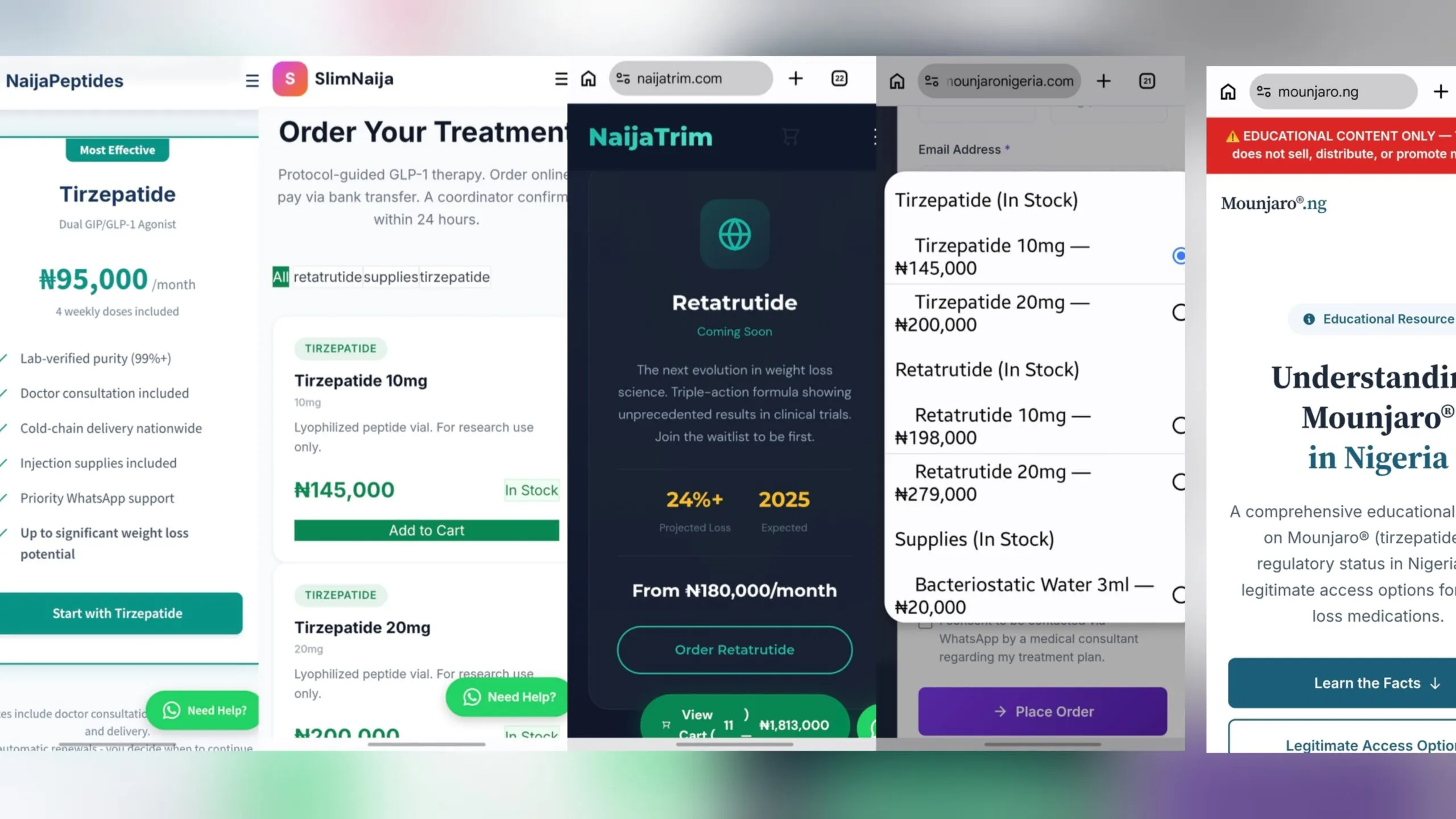 Screenshots of different sections of the five websites showing similar promotional language, pricing and sales pitches