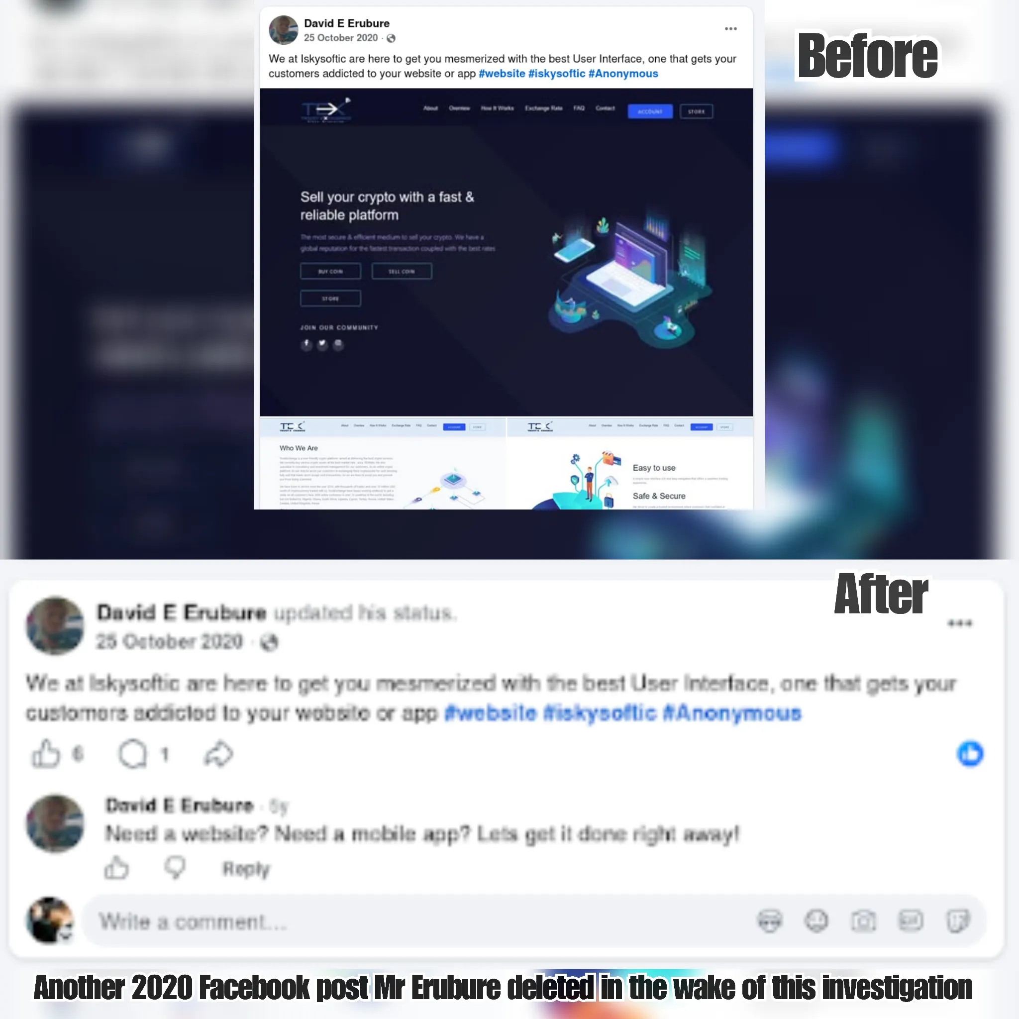 Screenshot of another 2020 Facebook post Mr Erubure deleted in the wake of this investigation