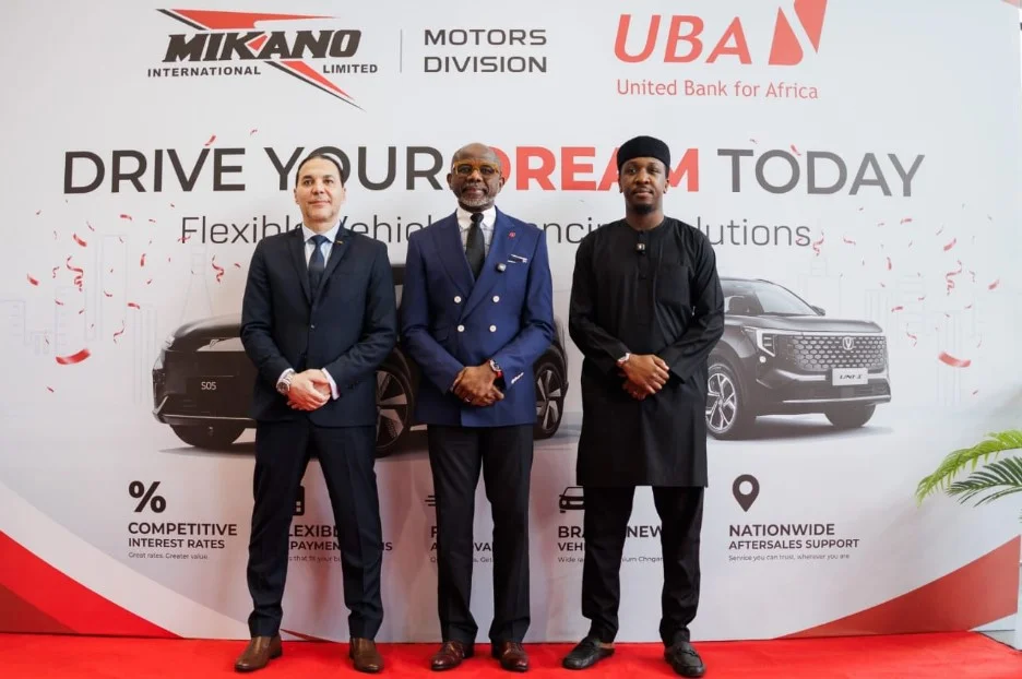 General Manager, Mikano Motors, Tarek Mostafa; Executive Director, Personal and Business Banking, United Bank for Africa, Chidi Okpala and National Operations Manager, Syam Abdulkadir, during a partnership signing between both parties, themed: ‘Drive Your Dreams Today’, a Flexible vehicle financing solutions, initiative at the Mikano Showroom in Victoria Island