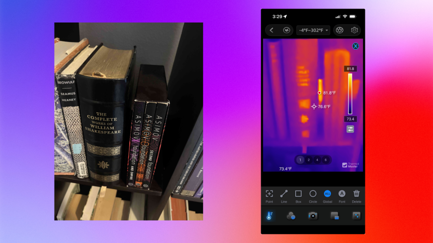 Side by side comparison of hidden camera on bookshelf with thermal imaging.