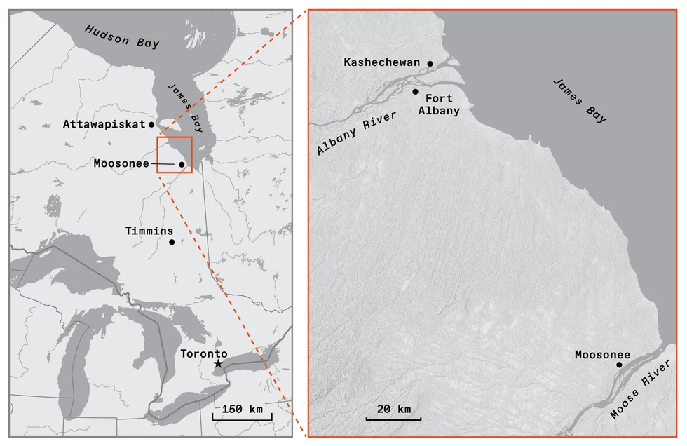 A map of northern Ontario shows the location of Moosonee, Fort Albany, Kashechewan, and Attawapiskat along the western shore of James Bay. 
