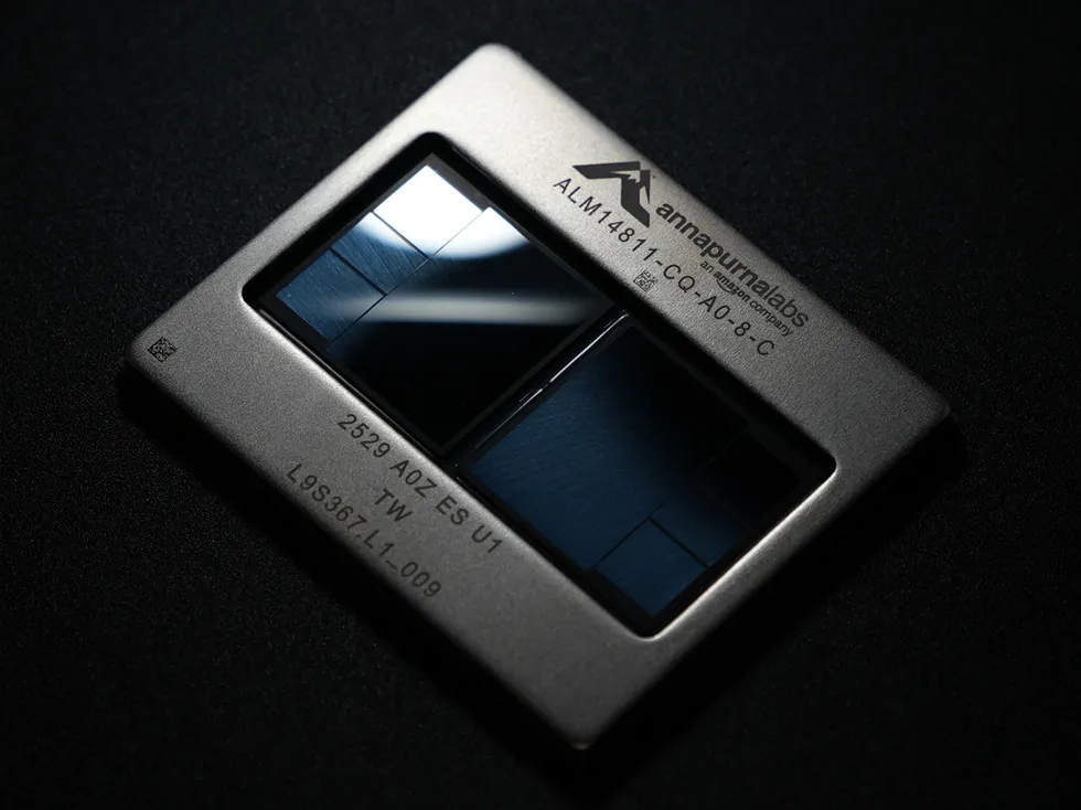 Close-up of an Annapurna Labs metal processor chip with reflective black surfaces