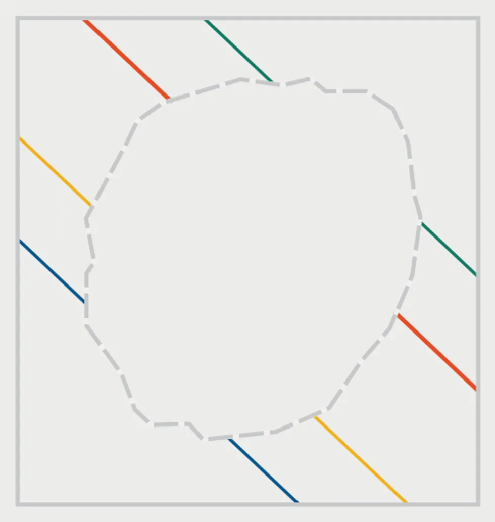Dashed gray blob over diagonal colored lines on a white background.