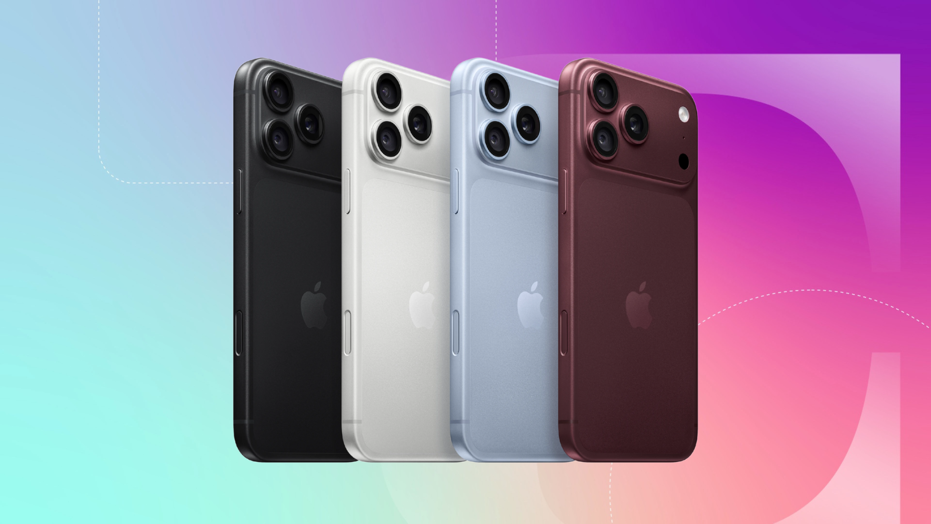 The iPhone 18 Pro is shown on a blue, pink and purple background.