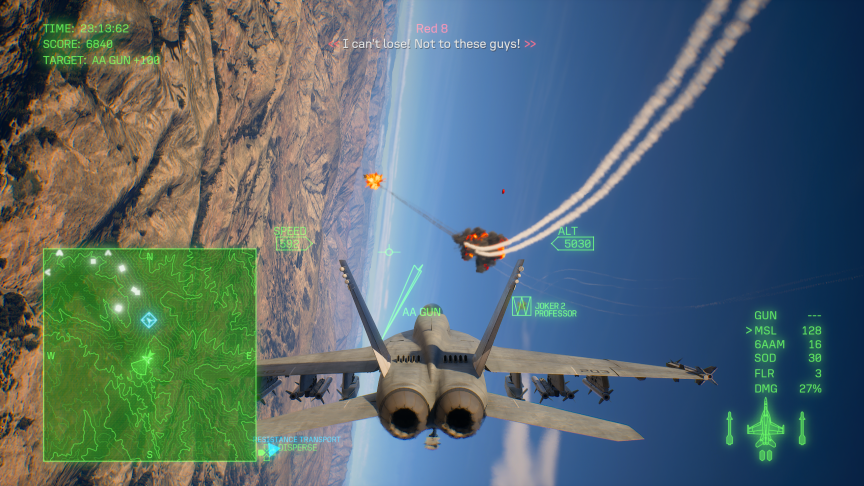 An in-game screenshot where the player in a military jet shoots down an enemy plane.