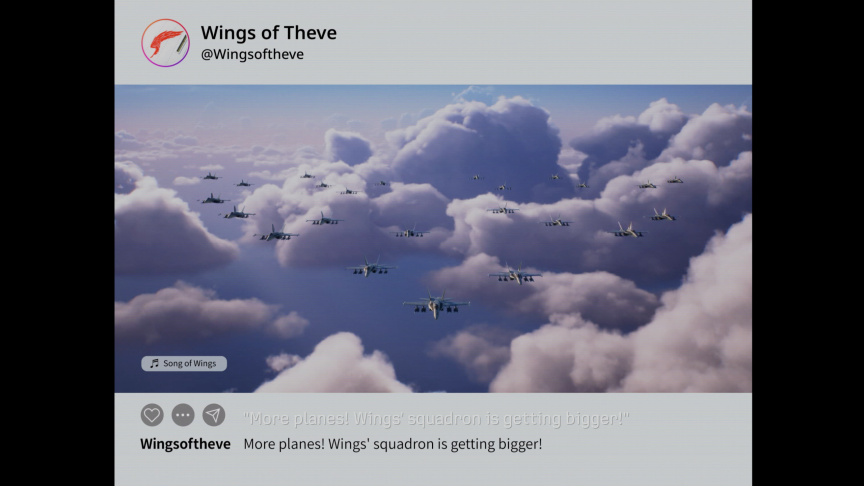 An in-game screenshot showing a social media post of a squadron of planes artificially expanded to show more fighter jets that don't exist.