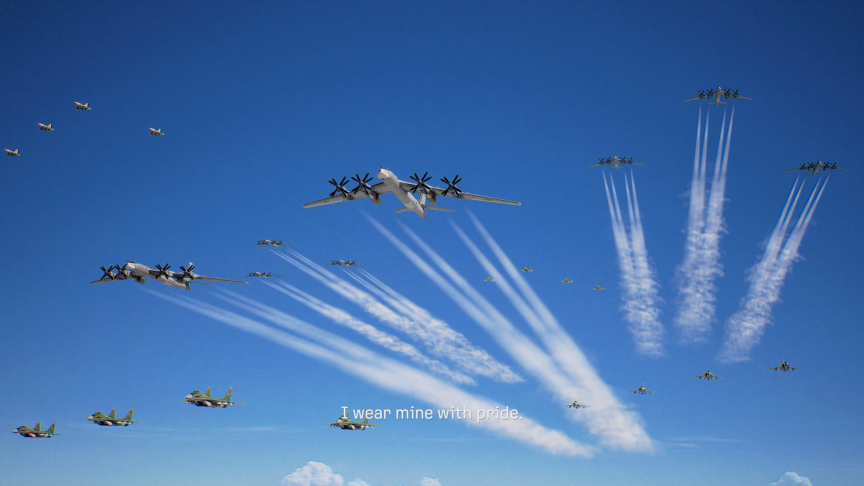 An in-game screenshot of a flurry of planes for the player to shoot down.