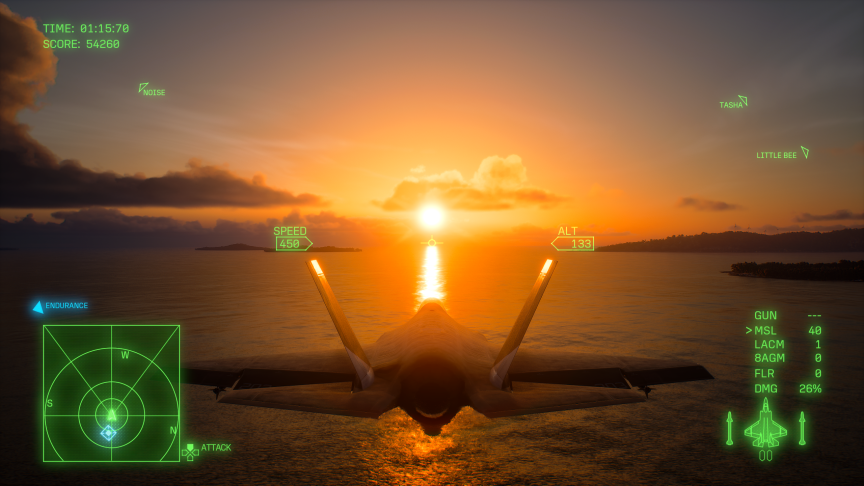 An in-game screenshot of a plane flying into the sunset -- literally.