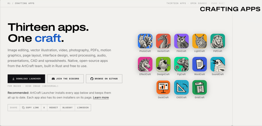 ArtCraft website screenshot reading: Thirteen apps. One craft. With logos of the apps