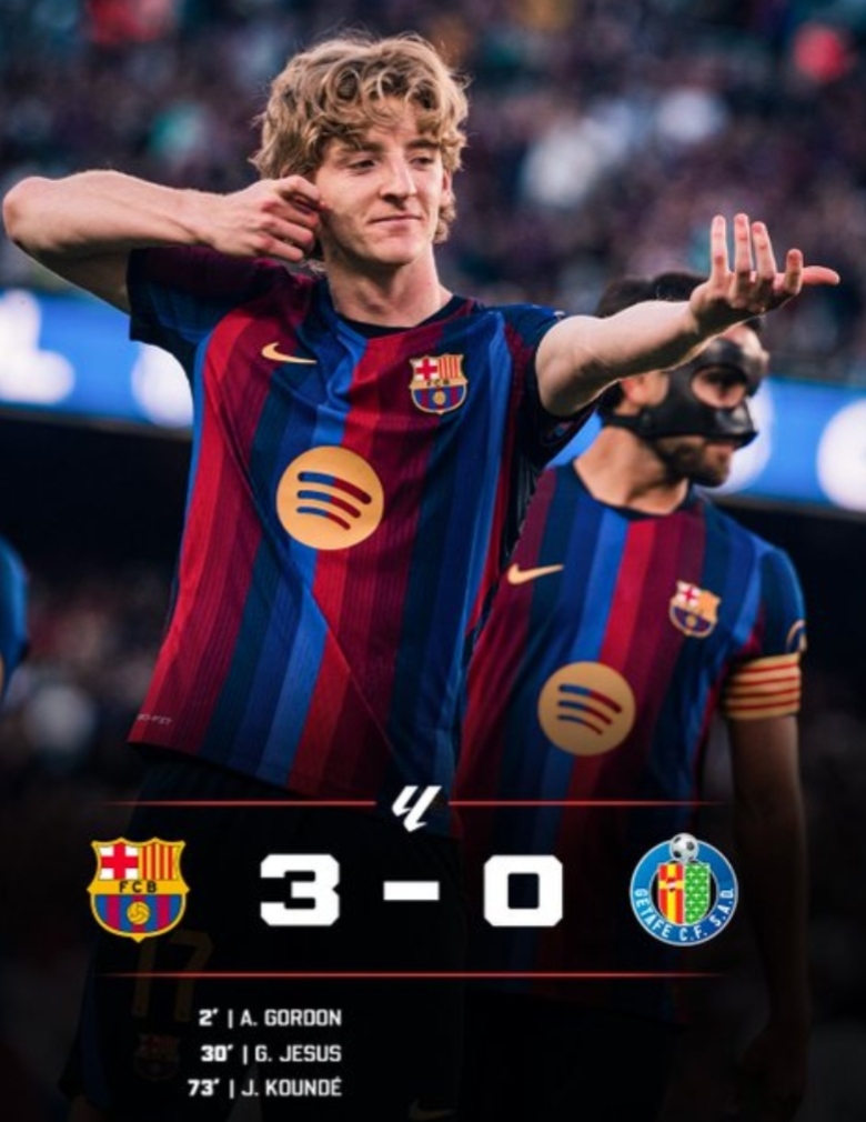 Barcelona Beat Getafe 3-0 as Anthony Gordon Scores First Goal for the Club