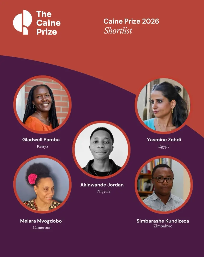 The five writers shortlisted for the 2026 Caine Prize for African Writing, including Nigerian writer Akinwande Remilekun Jordan.