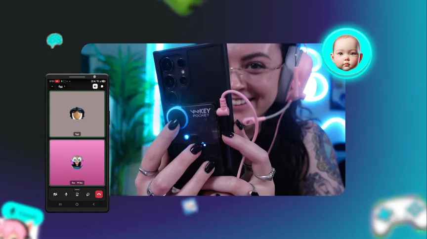 A woman holds a phone in front of her with a device on the back that's connected to her headset, with a graphic of a phone call and a baby around the visual to indicate the voice filter she's using on the call.
